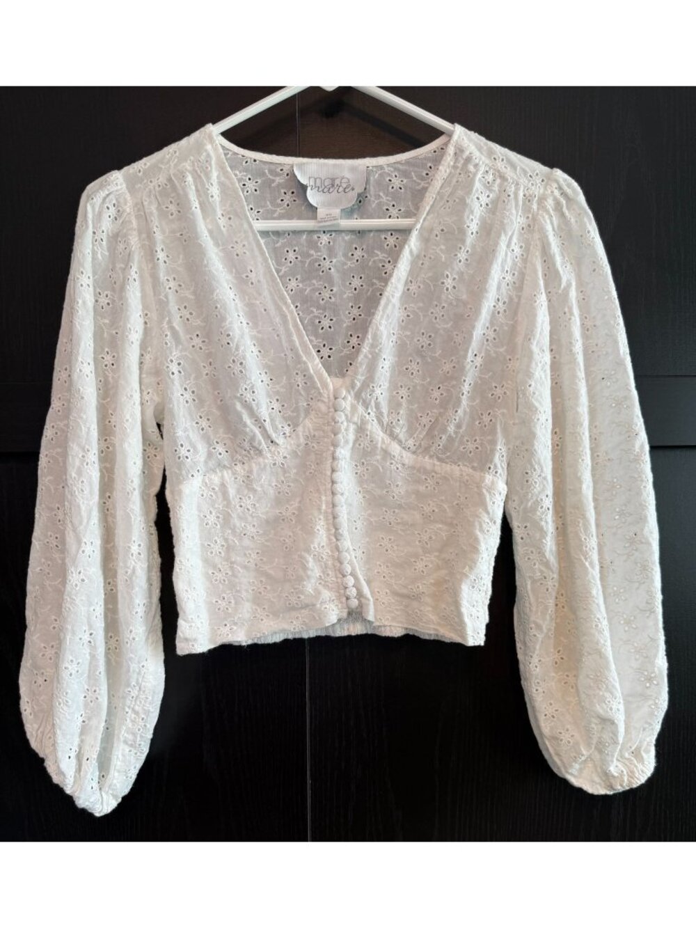 Mare Mare Anthropologie Long Sleeve Eyelet Crop Peasant White Blouse XS V-Neck